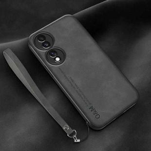 For Honor 70 Pro Lamba Skin Feel Leather Back Phone Case with Strap(Dark Grey)