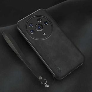 For Honor Magic3 Pro Lamba Skin Feel Leather Back Phone Case with Strap(Black)
