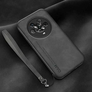 For Honor Magic4 Lamba Skin Feel Leather Back Phone Case with Strap(Dark Grey)