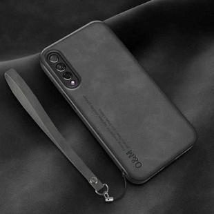 For Honor Play 3 Lamba Skin Feel Leather Back Phone Case with Strap(Dark Grey)