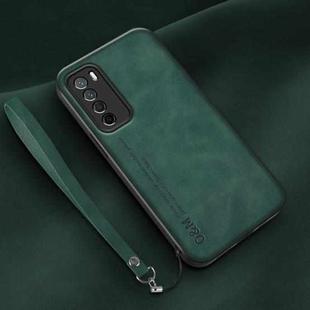 For Honor Play 4 Lamba Skin Feel Leather Back Phone Case with Strap(Deep Green)