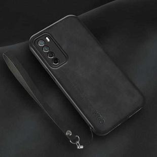 For Honor Play 4 Lamba Skin Feel Leather Back Phone Case with Strap(Black)