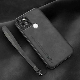 For Honor Play 5T Lamba Skin Feel Leather Back Phone Case with Strap(Dark Grey)