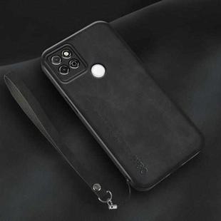 For Honor Play 5T Lamba Skin Feel Leather Back Phone Case with Strap(Black)