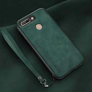 For Honor V9 Lamba Skin Feel Leather Back Phone Case with Strap(Deep Green)