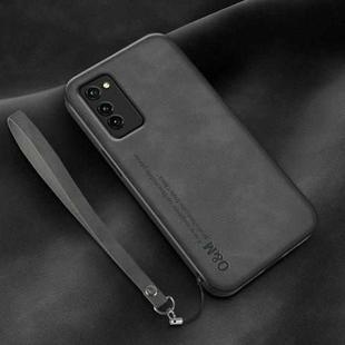 For Honor V30 Lamba Skin Feel Leather Back Phone Case with Strap(Dark Grey)