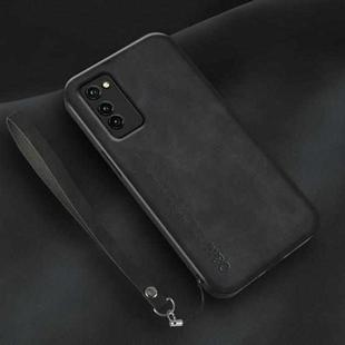 For Honor V30 Lamba Skin Feel Leather Back Phone Case with Strap(Black)