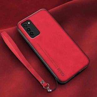 For Honor V30 Lamba Skin Feel Leather Back Phone Case with Strap(Red)