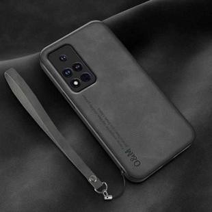 For Honor V40 Lamba Skin Feel Leather Back Phone Case with Strap(Dark Grey)