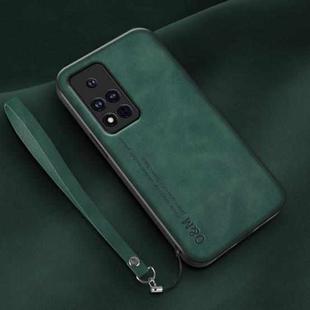 For Honor V40 Lamba Skin Feel Leather Back Phone Case with Strap(Deep Green)