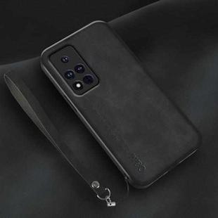 For Honor V40 Lamba Skin Feel Leather Back Phone Case with Strap(Black)