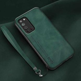 For Honor X10 Lamba Skin Feel Leather Back Phone Case with Strap(Deep Green)