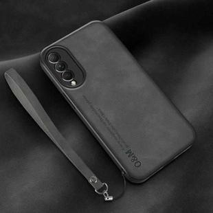 For Honor X20 SE Lamba Skin Feel Leather Back Phone Case with Strap(Dark Grey)