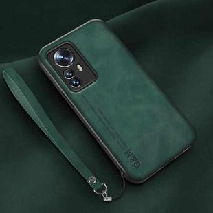 For Xiaomi 12 Lamba Skin Feel Leather Back Phone Case with Strap(Deep Green)