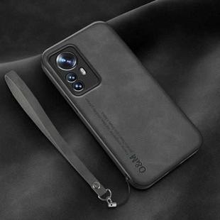 For Xiaomi 12 Pro Lamba Skin Feel Leather Back Phone Case with Strap(Dark Grey)