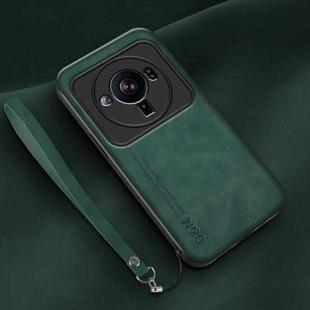 For Xiaomi 12S Ultra Lamba Skin Feel Leather Back Phone Case with Strap(Deep Green)