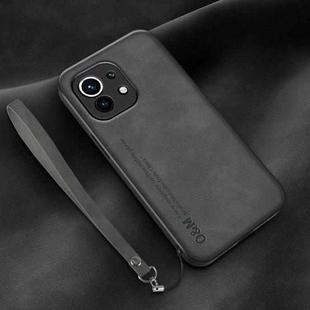 For Xiaomi Mi 11 Lamba Skin Feel Leather Back Phone Case with Strap(Dark Grey)