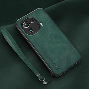 For Xiaomi Mi 11 Pro Lamba Skin Feel Leather Back Phone Case with Strap(Deep Green)