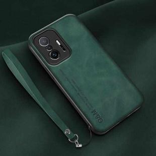 For Xiaomi 11T Lamba Skin Feel Leather Back Phone Case with Strap(Deep Green)