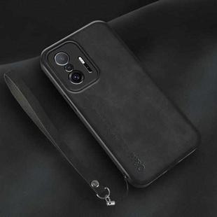 For Xiaomi 11T Lamba Skin Feel Leather Back Phone Case with Strap(Black)