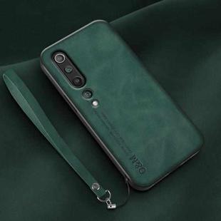 For Xiaomi Mi 10 Lamba Skin Feel Leather Back Phone Case with Strap(Deep Green)