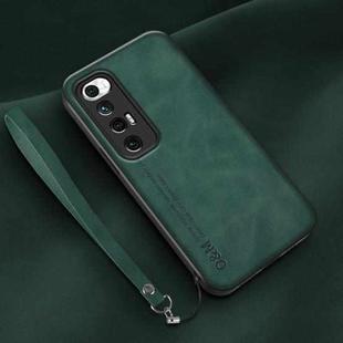 For Xiaomi Mi 10S Lamba Skin Feel Leather Back Phone Case with Strap(Deep Green)