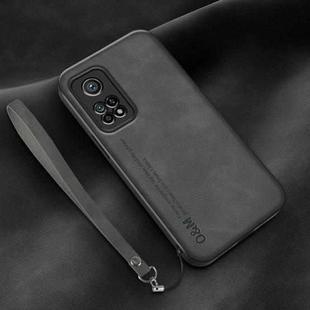 For Xiaomi Mi 10T Lamba Skin Feel Leather Back Phone Case with Strap(Dark Grey)