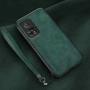 For Xiaomi Mi 10T Lamba Skin Feel Leather Back Phone Case with Strap(Deep Green)