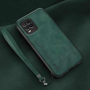 For Xiaomi Mi 10 Lite Lamba Skin Feel Leather Back Phone Case with Strap(Deep Green)