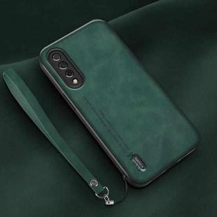 For Xiaomi Mi CC9e Lamba Skin Feel Leather Back Phone Case with Strap(Deep Green)