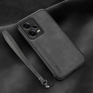 For Xiaomi Redmi Note 12 Pro China Lamba Skin Feel Leather Back Phone Case with Strap(Dark Grey)