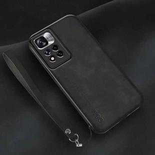 For Xiaomi Redmi Note 11 Lamba Skin Feel Leather Back Phone Case with Strap(Black)