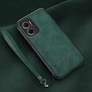 For Xiaomi Redmi Note 11E Lamba Skin Feel Leather Back Phone Case with Strap(Deep Green)