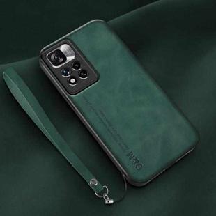 For Xiaomi Redmi Note 11 Pro Lamba Skin Feel Leather Back Phone Case with Strap(Deep Green)