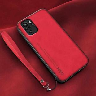 For Xiaomi Redmi Note 10 5G Lamba Skin Feel Leather Back Phone Case with Strap(Red)