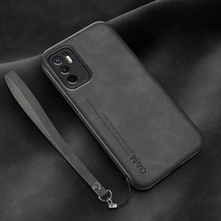 For Xiaomi Redmi Note 10 4G Lamba Skin Feel Leather Back Phone Case with Strap(Dark Grey)