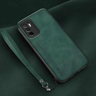 For Xiaomi Redmi Note 10 4G Lamba Skin Feel Leather Back Phone Case with Strap(Deep Green)