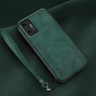 For Xiaomi Redmi Note 10 Pro Lamba Skin Feel Leather Back Phone Case with Strap(Deep Green)