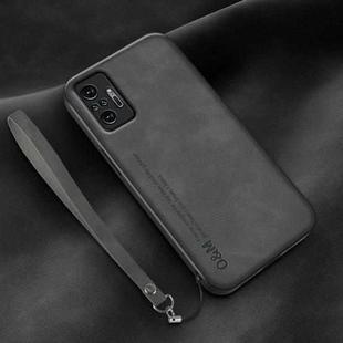 For Xiaomi Redmi Note 10 Pro Global Lamba Skin Feel Leather Back Phone Case with Strap(Dark Grey)