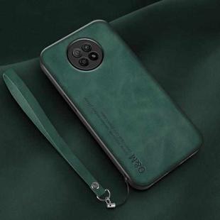 For Xiaomi Redmi Note 9 5G Lamba Skin Feel Leather Back Phone Case with Strap(Deep Green)