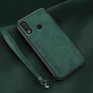 For Xiaomi Redmi Note 7 Lamba Skin Feel Leather Back Phone Case with Strap(Deep Green)