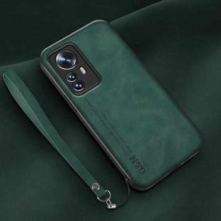 For Xiaomi Redmi K50 Ultra Lamba Skin Feel Leather Back Phone Case with Strap(Deep Green)