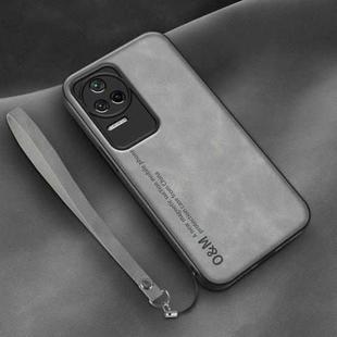 For Xiaomi Redmi K40S Lamba Skin Feel Leather Back Phone Case with Strap(Space Grey)