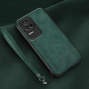 For Xiaomi Redmi K40S Lamba Skin Feel Leather Back Phone Case with Strap(Deep Green)