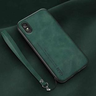 For Xiaomi Redmi 9A Lamba Skin Feel Leather Back Phone Case with Strap(Deep Green)