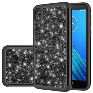 For Motorola Moto E6 Glitter Powder Contrast Skin Shockproof Silicone + PC Protective Case(Black)