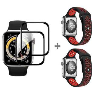 For Apple Watch Series 3&2&1 38mm 2pcs Silicone Watch Band with 2pcs Soft Film(Black Red)