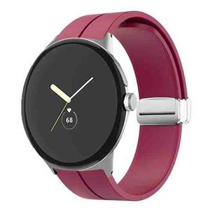 For Google Pixel Watch Solid-color Folding Buckle Silicone Watch Band(Silver Wine Red)