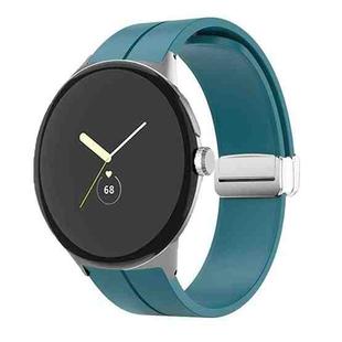 For Google Pixel Watch Solid-color Folding Buckle Silicone Watch Band(Silver Pine Green)