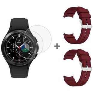 For Samsung Galaxy Watch4 Classic 46mm 2pcs Silicone Watch Band with 2pcs Tempered Glass Film(Wine Red)